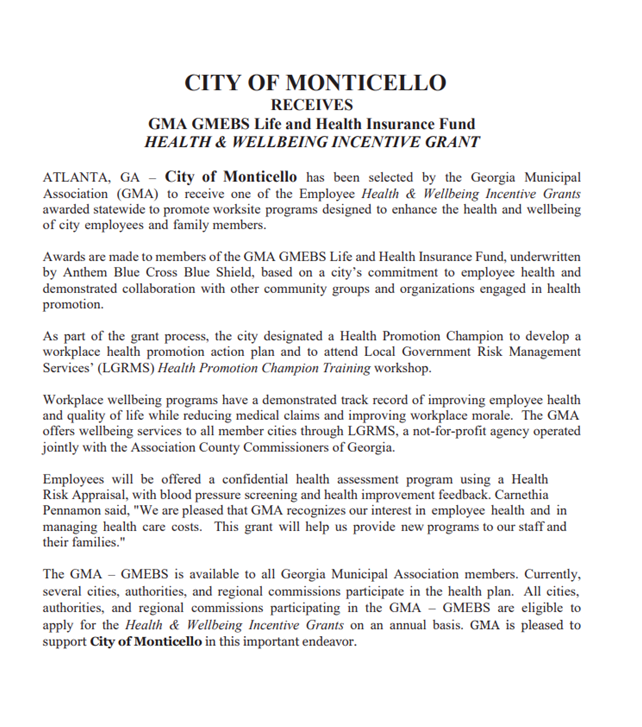 CITY OF MONTICELLO RECEIVES